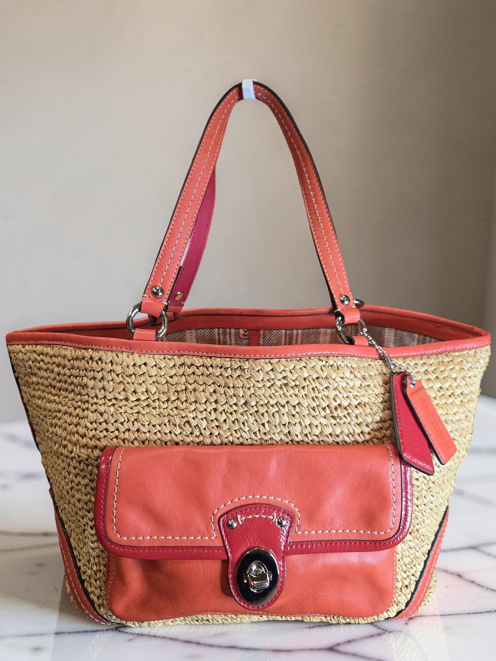 Coach Straw Pocket Tote Bag Coral Leather EUC